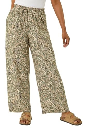 Image of Roman Originals Wide Leg Trousers for Women UK - Ladies Palazzo Pants Floral Print Abstract Everyday Holiday Spring Summer Comfy Soft Evening Vacation Work Party - Petite Stone - Size 10