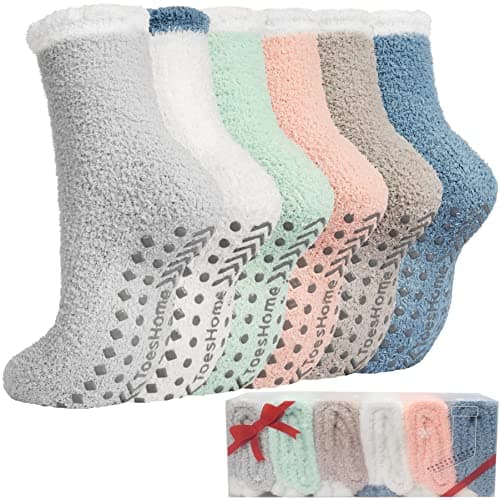 Image of Fluffy Slipper Socks Womens 6 Pairs, Non Slip Bed Warm Socks with Grips, Thick Winter Socks for Women and Girls, Cosy Soft Fuzzy Sock for Causal Home Sleeping, 3.5/7.5 UK