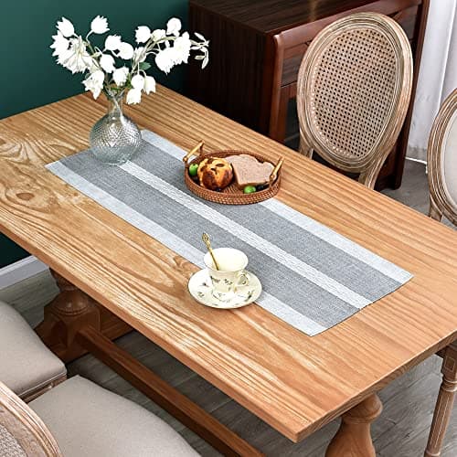 Image of Braided Striped Table Runner Rustic Embroidery Coffee Table Runners for Decorations Weddings Holiday Grey 33x92cm/13x36inch