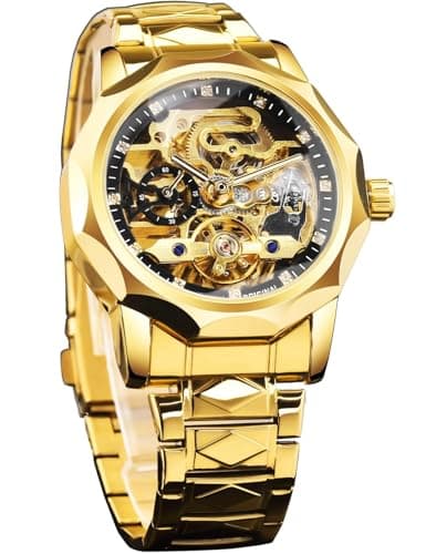 Image of FORSINING Men's Skeleton Automatic Mechanical Watch with Diamond-Cut 12-Sided Bezel & Exposed Gears & Tourbillon Design, Unique Rhombus-Link Stainless Steel Bracelet Self-Wind Wristwatch, Gold Black