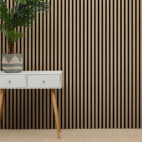 Image of MCW Acoustic Slat Wall Panel Decorative & Sound Absorbing Wooden Slatted 3D Feature Pannelling Home Living Room Bedroom Interior Easy Installation Proofing Oak Natural 2400mm x 600mm