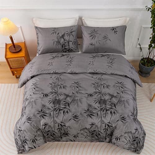 Image of JQWUPUP Bamboo Print Duvet Cover Set King Size, Classical Chinese Ink Painting Bedding, Grey Duvet cover with 2 Pillowcases