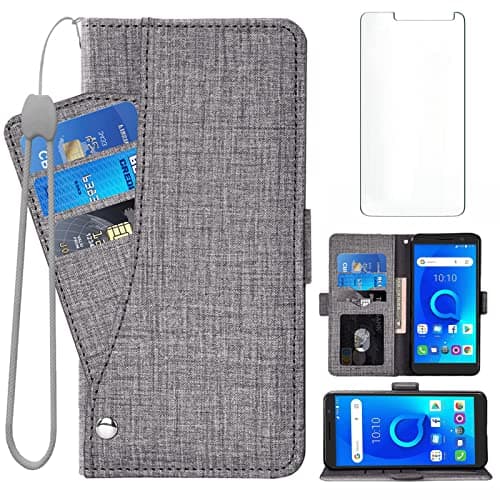 Image of Asuwish Compatible with Alcatel 1 2019 5033E/Alcatel1 2021 4G LTE Wallet Case Tempered Glass Screen Protector and Leather Flip Cover Card Holder Cell Phone Cases for Vodafone Smart E9 Women Men Gray