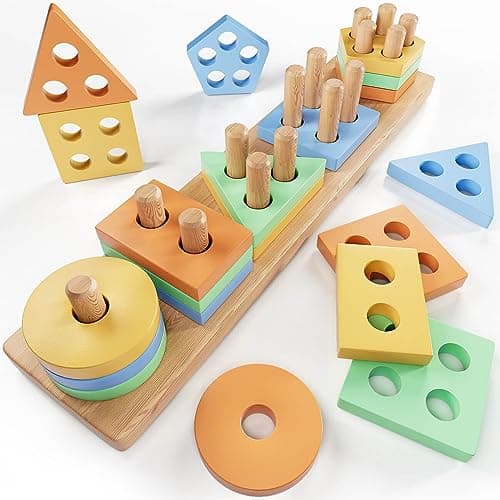 Image of KmmiFF Wooden Shape Sorter Montessori Toy for 1-3 Year Old Boys Girls, Sensory Autism Toddler Learning Educational Toy, Birthday Gift