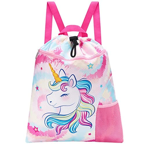 Image of WAWSAM Unicorn Kids Drawstring Bag - Waterproof Swim Bags Gym Bag for Girls Portable Lightweight Backpack Sport School Beach Travel Swim Sackpack with Zipper Pocket Bottle Pocket