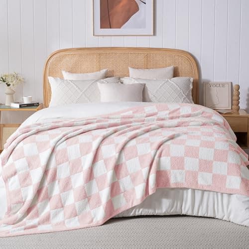 Image of Exclusivo Mezcla Checkered Knit Blankets Queen Size, Ultra Soft and Warm Reversible Woven Blankets, Cozy Snuggly Throw for Couch Bed and Home Decor, Pink, 230x230 CM