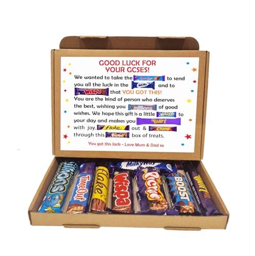 Image of Personalised Exam Good Luck Treat Box/ SATS/ GCSES/ A Levels / 11+ Good Luck Treat Letterbox Gift Hug in a Box Chocolate Poem Unique (GCSE's, We / Us)