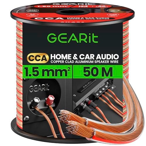 Image of GEARit 2x1.5mm² Speaker Cable 50m, 16 Gauge Speaker Wire with Polarity Markings, Copper Clad Aluminum CCA Audio Cable for In-Wall Home Cinema, Car Audio Stereo, HiFi Surround Sound(Clear)