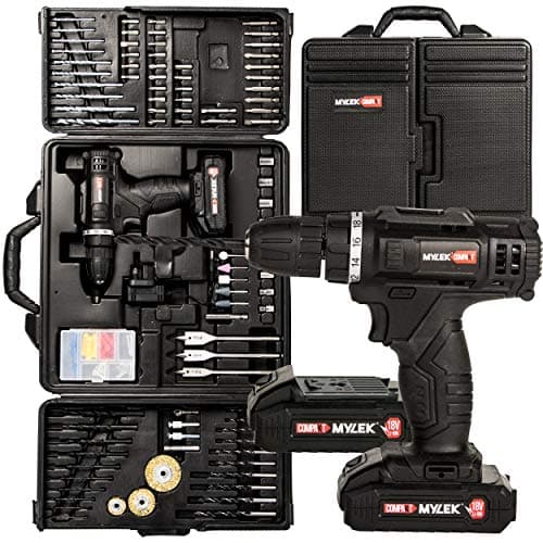 Image of MYLEK MYBMC092 18V Cordless Drill Electric Driver Set, Lithium Ion Battery, 18 Volt Combi Screwdriver Pack, Black, 151 DIY Piece Accessory Kit and Carry Case (18v Drill Kit and Two Batteries)