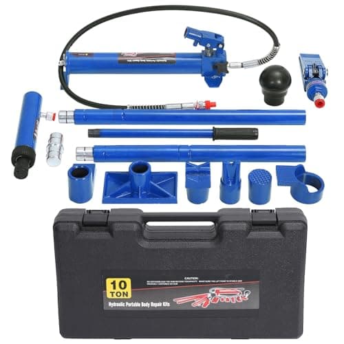 Image of 4/10/12 Ton Porta Power Hydraulic Ram Kit with Pump, 1.4m Oil Hose, Auto Body Frame Repair Car Jack Set, Portable Heavy Duty Tool with Storage Case for Garage Truck Farm