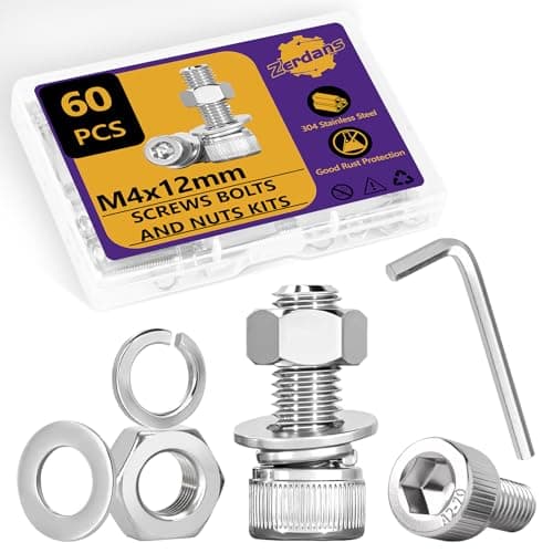 Image of 60 Pcs M4 Screw Assortment Set, Hex Socket Head Cap Screws Bolts and Nuts and Washers Assortment Kit, Includes 15 x M4x12 Socket Head Cap Screws, 15 Nuts, 15 Washers & 15 Spring Washers