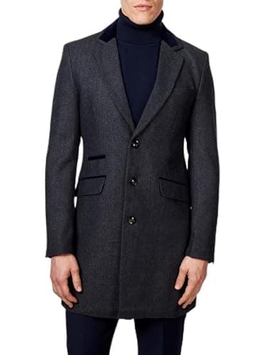 Image of Xposed Menâ€™s Herringbone Long Overcoat Classic Wool Blend Tailored Fit 3/4 Mid Length Coat Jacket [COAT-COSMO-DARK-GREY-48UK]
