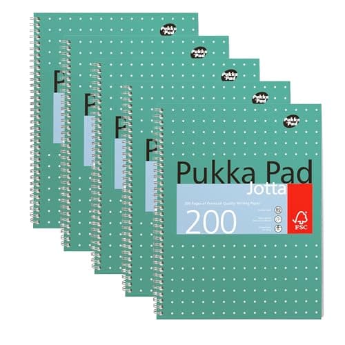 Image of Pukka Pad, A4 Metallic Jotta Book 5 Pack – 21 x 30cm – Wirebound Notebook with 8mm Lines and 80GSM Paper – Features 4-Hole Punch Margins and Perforated Edges - 200 Pages, Green