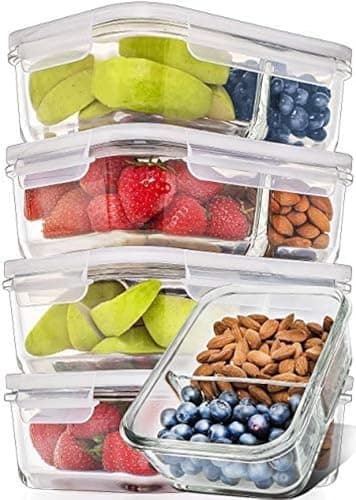 Image of [5-Pack] Food Prep & Storage Glass Containers with Lids - Airtight Glass Meal Prep Containers Reusable (850 Millilitres - 2 Compartment)