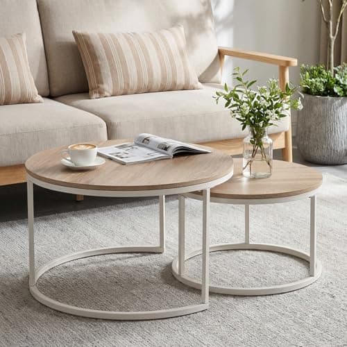 Image of buybyroom Round Coffee Table for Living Room, Round Nest of Tables, Light Oak Coffee Table Set of 2, Suitable for Living Room, Bedroom and Balcony, White Frosted Iron Frame, oak