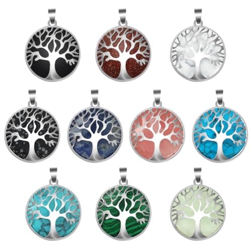 Image of TOAOB 10pcs Tree of Life Charms Natural Gemstone Pendant for Jewellery Making 10 Colors Metal Frame Hollow Round Charms for DIY Necklace Bracelet Earring Craft Supplies