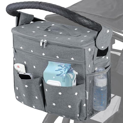 Image of Orzbow Large Pram Bag, 22L Stoller Organiser with Cup Holder, Multifunctional Buggy Bag with Removable Divider, Universal Fit, Water-Repellent, Adjustable Shoulder Strap & 2 Hooks, Grey