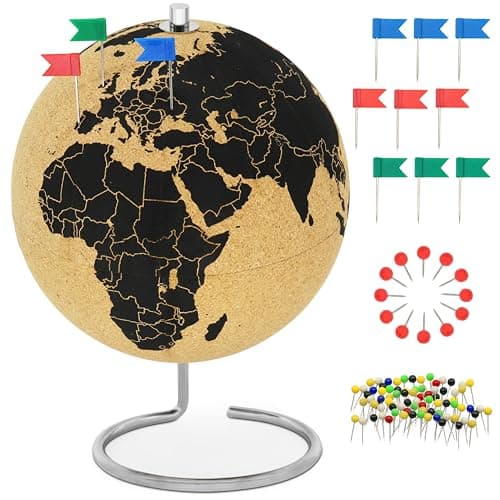 Image of Clear cork globe with 54 pins - Spinning 26cm high cork globe - Gift idea for globetrotters