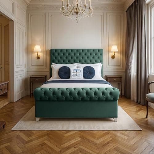 Image of ADELINE WATERSON Mayfair Upholstered Bed - Plush Velvet Headboard & Footboard - Slats Base - Comfortable Bed (Emerald, Single - Slats Base, Without Mattress)