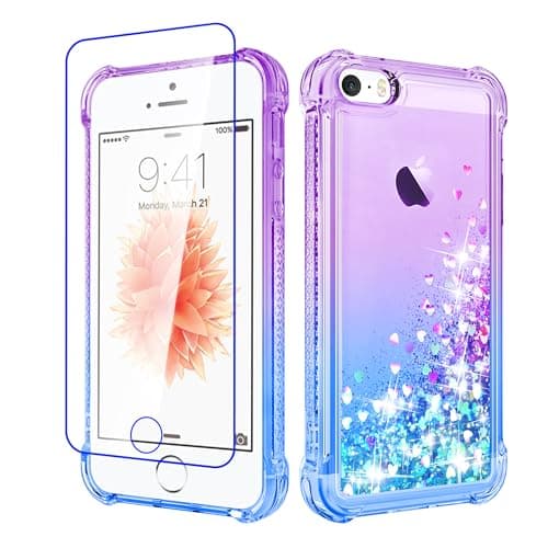 Image of Pilaru for iPhone SE 2016(1st),iPhone 5/5S Case Clear Liquid Heart Lovely Glitter Soft TPU Cover Transparent Girly Protective Phone Case for iPhone SE (1st Gen),Purple/Teal
