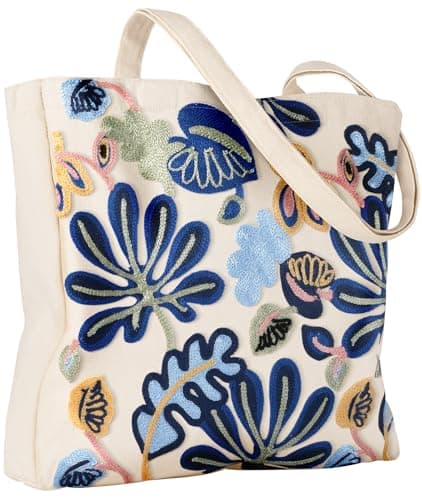 Image of Miss Adola Aesthetic Embroidery Tote Bag for Women - Reusable Canvas Cloth Shoulder Bag with Cute 3d Abstract Floral Embroidered Designer Shopping Bag for Grocery, Work, Book, Vacation
