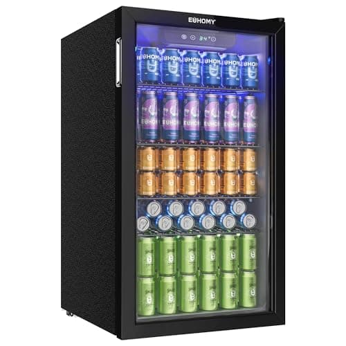 Image of EUHOMY 93L Drinks Fridge, 126 Can Beer Fridge with Glass Door, Wine fridge with Adjustable Shelves for Soda Beer or Wine, Home/Bar/Office, Black, Steel, One-Touch Control [Energy Class F]