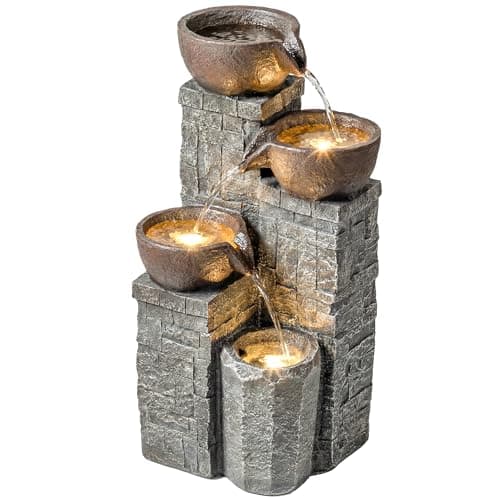 Image of Outsunny Outdoor Fountain with 4-Tier Hand-Painted Pots, Cascading Waterfall, Garden Fountain with LED Lights, Adjustable Flow, Garden Water Feature for Patio, Grey and Rustic Brown