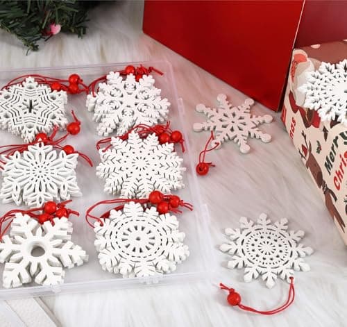 Image of Anstore 27pcs Christmas Wooden Ornaments Snowflakes,7cm Christmas Tree Decoration Wood Snowflakes with Red Hanging Strings, 9 Designs of White Natural Ornament Wooden for DIY Crafts Decoration