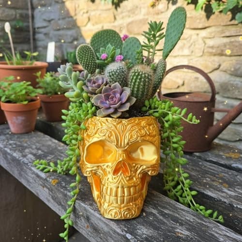 Image of Red Dragon Seeds Gold Silk Skull Planter – 3D Printed Decorative Head Pot for Succulents, Cacti & Small Houseplants – Handmade in Wales from Eco-Friendly PLA+ – Unique Gothic Home Décor Gift