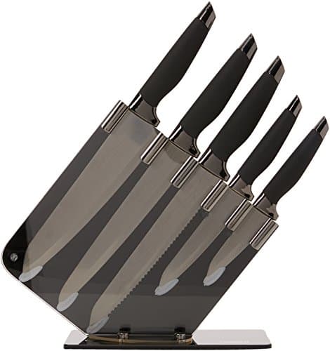 Image of Tower Kitchen Knife Set with Acrylic Knife Block, Damascus Effect, Stainless Steel Blades, Mirror Black, 5 Pieces, T81532MB