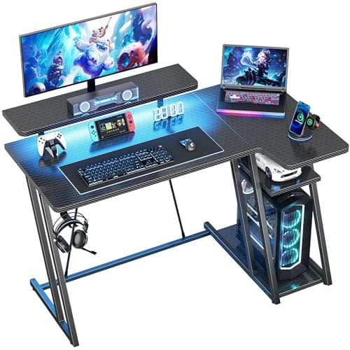 Image of HOMIDEC Gaming Desk with LED Lights, 100CM Computer Desk with Monitor Stand, L Shaped Corner Desk with Headphone Hook and Shelves for Gaming Room, Bedroom, Office, Black