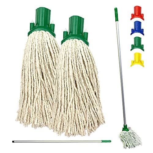 Image of Colour Coded Floor Mop Set – 120cm Long Stainless-Steel Mop Handle and Pack of 2 String Heads Replacement for Domestic and Commercial Cleaning (Green)