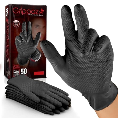 Image of RAP Gloves (Pack of 50 Grippaz Nitrile Gloves Working Gloves Extremely Robust Non - Slip Ideal for Workshops Mechanics Industry Rubber Disposable Gloves (Black, XXL)