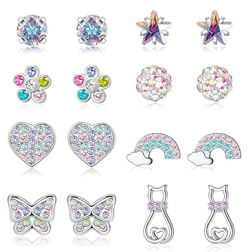 Image of DiiWmme 8 Pairs 925 Sterling Silver Earrings for Girls, Suitable for Women and Girls, Cute Rainbow Butterfly Heart-Shaped Flower Small Stud Earrings Set for Teens, Womens, Ears Gift (Colorful)