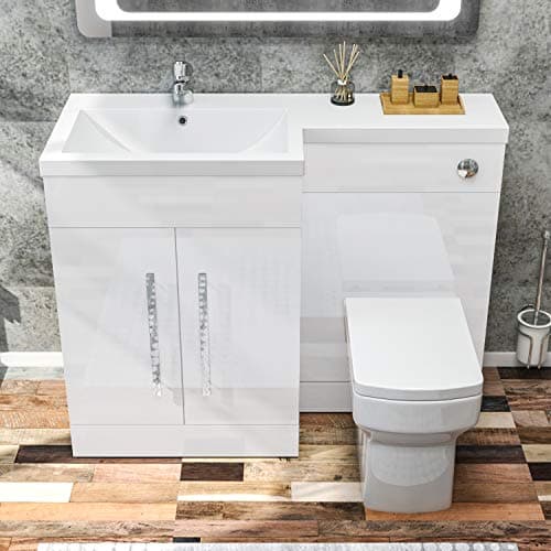 Image of ELEGANT 1100mm L Shape Bathroom Vanity Sink Unit Furniture Storage,Left Hand High Gloss White Vanity unit + Basin + Ceramic Square Toilet with Concealed Cistern