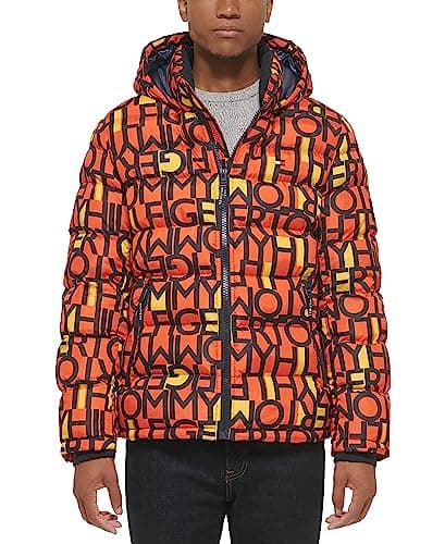 Image of Tommy Hilfiger Men's Hooded Puffer Jacket, Orange Abstract Logo, L