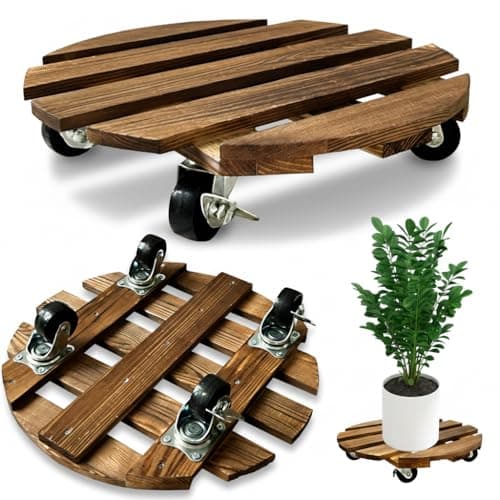 Image of YHZMZHY 2 Pack 30cm Wooden Plant Caddy with Wheels, Heavy Duty Round Rolling Plant Stand with Metal Lockable Casters, Mobile Plant Holder for Indoor Outdoor Garden, Flower Pot Trolley