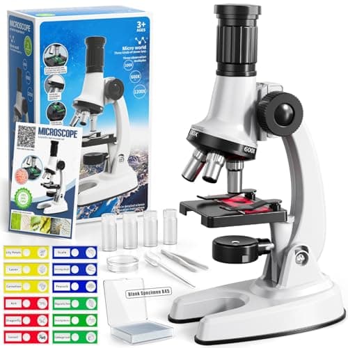 Image of 65 Pieces Microscope Kit for Kids Ages 5-7 8-13, 100X-1200X Magnification with 7 Colors of LED Lights and 12 Prepared Slides, Science Experiment STEM Kits for Boys and Girls Age 8-12 Years