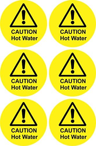 Image of Caution Hot Water Self-Adhesive Vinyl Stickers, Yellow, Round, 6.5cm x 6.5cm, Pack of 6, Health and Safety Signs, Ideal for Businesses