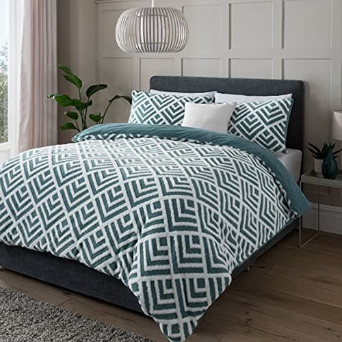 Image of Sleepdown Geo Jacquard Fleece Thermal Warm Cosy Super Soft Duvet Cover Quilt Bedding Set with Pillow Cases - King (220cm x 230cm) - Teal White