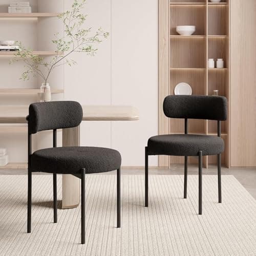 Image of Hawthyhome Dining Chairs Set of 2| Upholstered Teddy Boucle Fabric with Curved Back & Armrest, Modern Side Chairs with Black Metal Legs - Black
