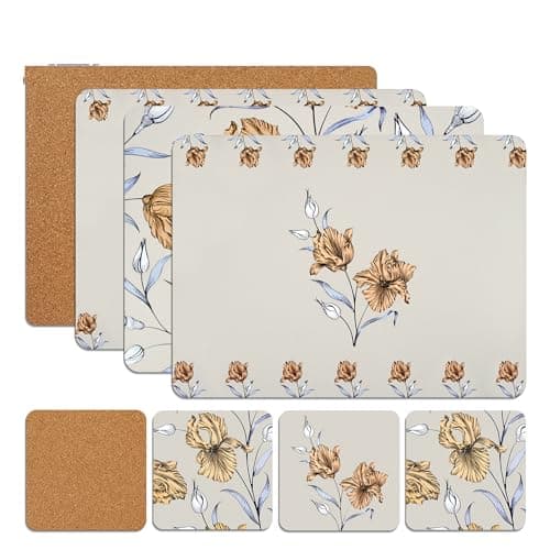 Image of SiXsigma Sports Placemats & Coasters Set Heat Resistant Cork Placemats Table Mats For Dining Kitchen Place Mats Set of 8 - Ideal Table Christmas Decorations 21.5 x 29cm (FG)