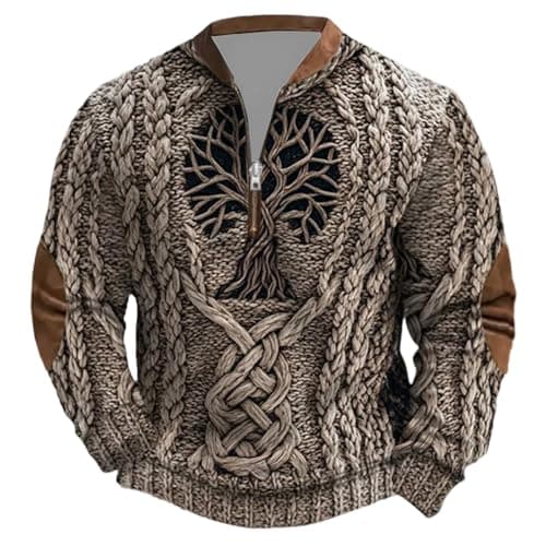 Image of Generic Men's Sweatshirt with Celtic Tree of Life - 3D Knitted Pullover with Yggdrasil Motif | Viking Long-Sleeve Shirt with Zip Collar, XXL