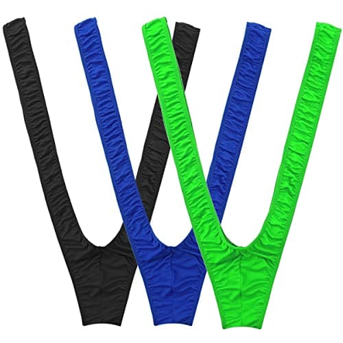 Image of VemeFufu Men's Borat Mankini Thong Underwear for Men V-String Swimwear Sexy Swimsuit with Suspender Costume Joke Gift 3Pack Green&Black&Blue