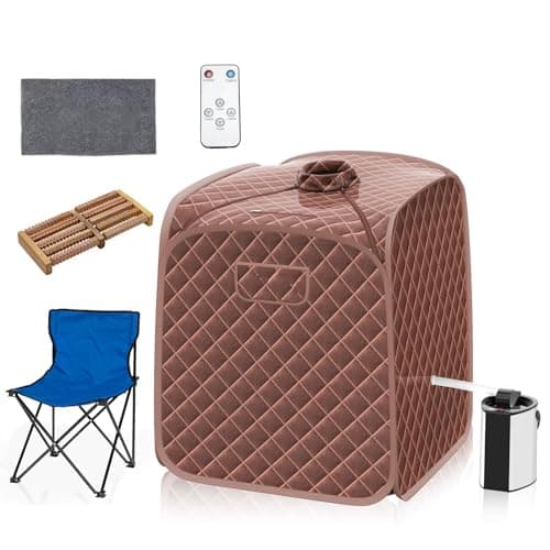 Image of RELAX4LIFE Portable Sauna Tent, 3L Sauna Pot Bath Box with 9-Gear Adjustable Temperature & Timer, Chair, Mat, Herbal Box & Massage Foot Roller, Steam Cabin Home Sauna Spa for Relaxing Body (Brown)