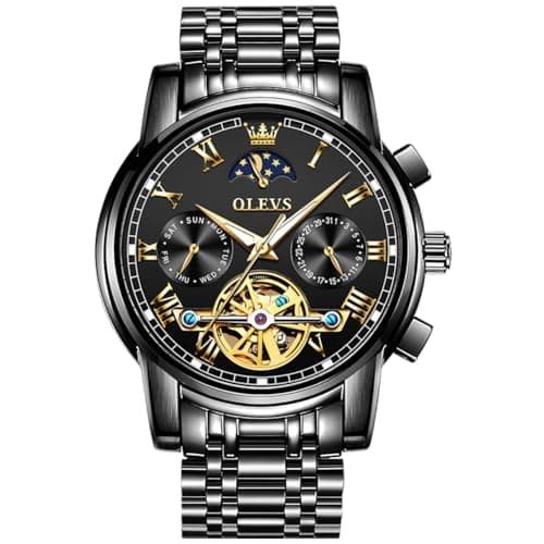 Image of OLEVS Men's Mechanical Watch Gold Black Stainless Steel Automatic Chronograph Gent's Wristwatch Waterproof Multi-Function Dial Luminous Luxury Business Watches for Men