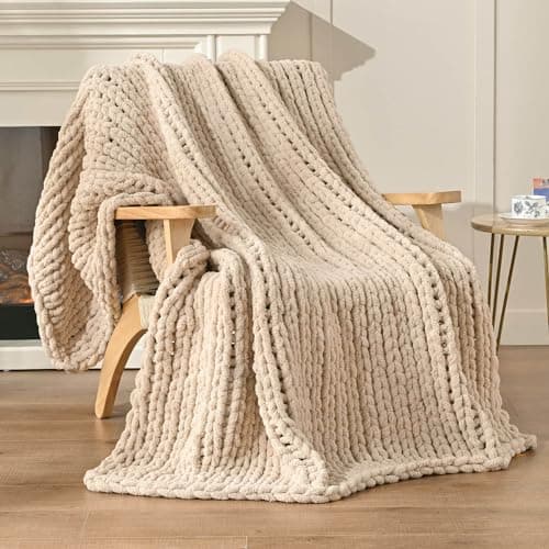 Image of Esterra Chunky Knit Blanket Throw 50"x60", 100% Hand Knitted Chenille Throw Blanket, Cozy Soft Thick Cable Knit Throw Large Rope Knot Crochet Throw Blanket for Sofa Couch Bed, Sandshell/Oatmeal