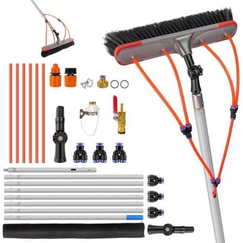 Image of 7m/23FT Aluminium Telescopic Window Cleaning Brush with Water Hose, Water Fed Pole Kit with180° Adjustable Angle, 35cm Brush Head & Accessories, Cleaning and Washing Tool for Solar Panels, Patio, Roof