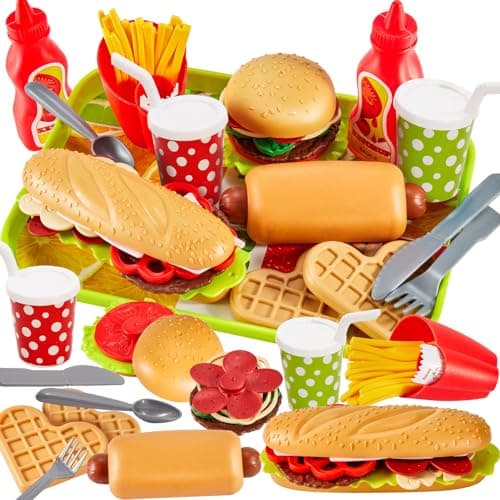 Image of BUYGER Pretend Play Kitchen Food Set Toys for 3 4 5+ Years Olds, Plastic Hamburger Fast Food Kids Kitchen Accessories with Tray for Kids Boys Girls