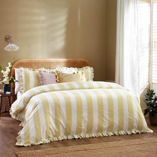 Image of Wylder Birdie Stripe Duvet Cover Set – Reversible Cotton Rich Frilled Cottagecore Stripe Design with Ruffle Trim (Butter Yellow - Double)